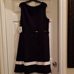 Navy dress, trimmed in B&W